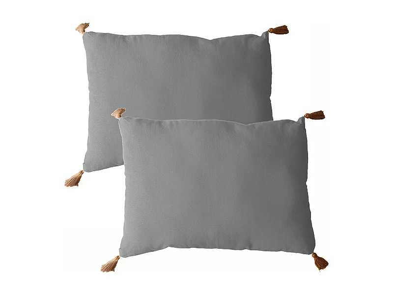 Lot de 2 coussins bohème, rectangulaire 50x70 cm, gris clair, 100% coton, collection Panama