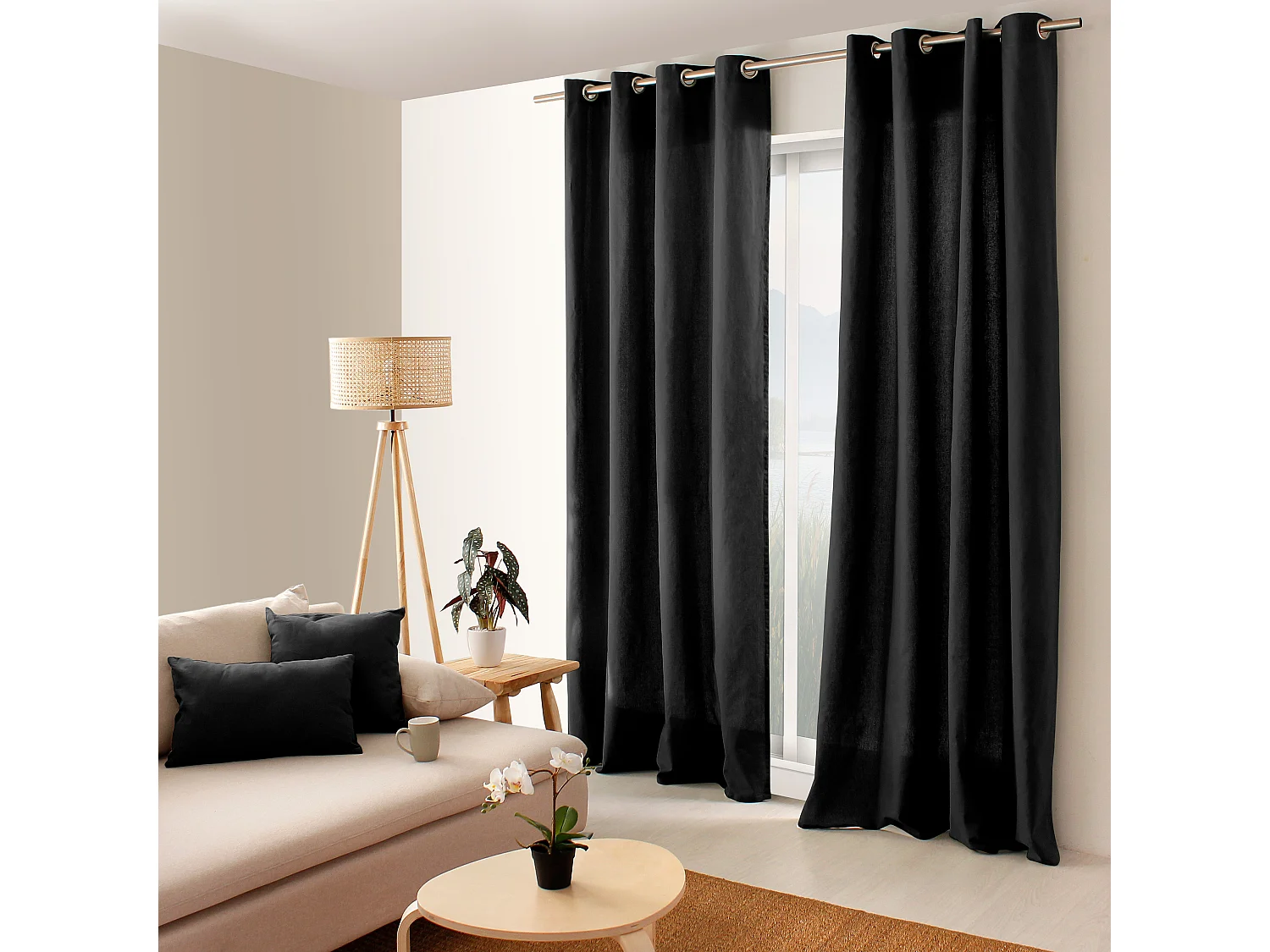 Lot de 2 Coussins déhoussables, carré 60x60cm, 100% coton, Collection Panama, CMADECO - Noir