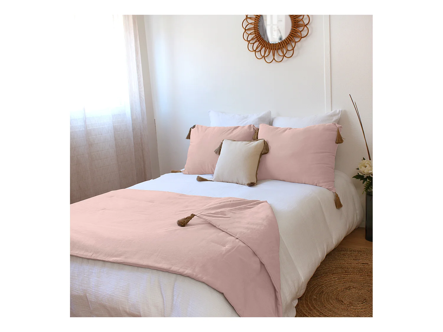 Lot de 2 coussins bohème, rectangulaire 50x70 cm, vieux rose, 100% coton, collection Panama
