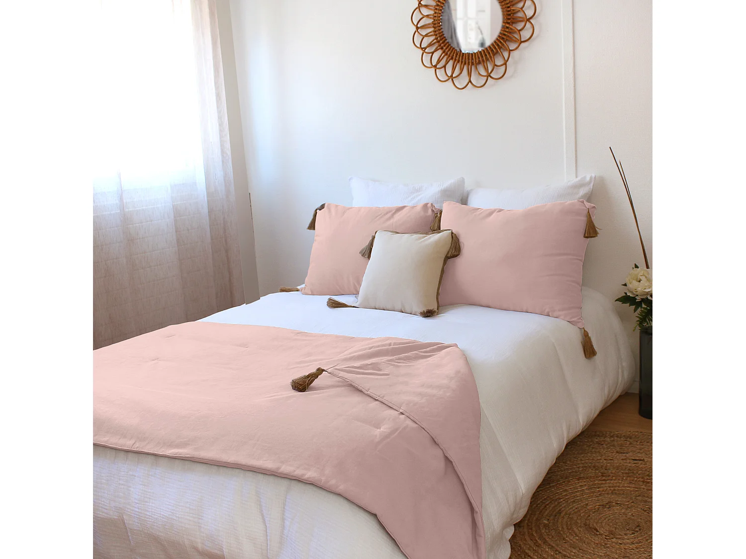 Lot de 2 coussins bohème, rectangulaire 50x70 cm, vieux rose, 100% coton, collection Panama