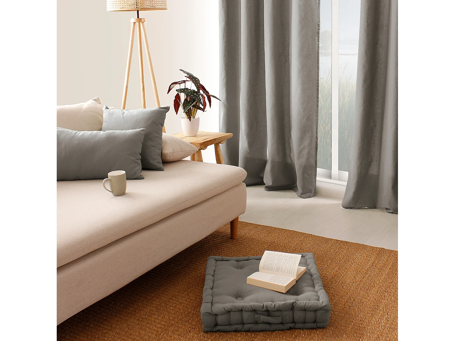 Lot de 2 Coussins déhoussables, carré 60x60cm, 100% coton, Collection Panama, CMADECO - Gris