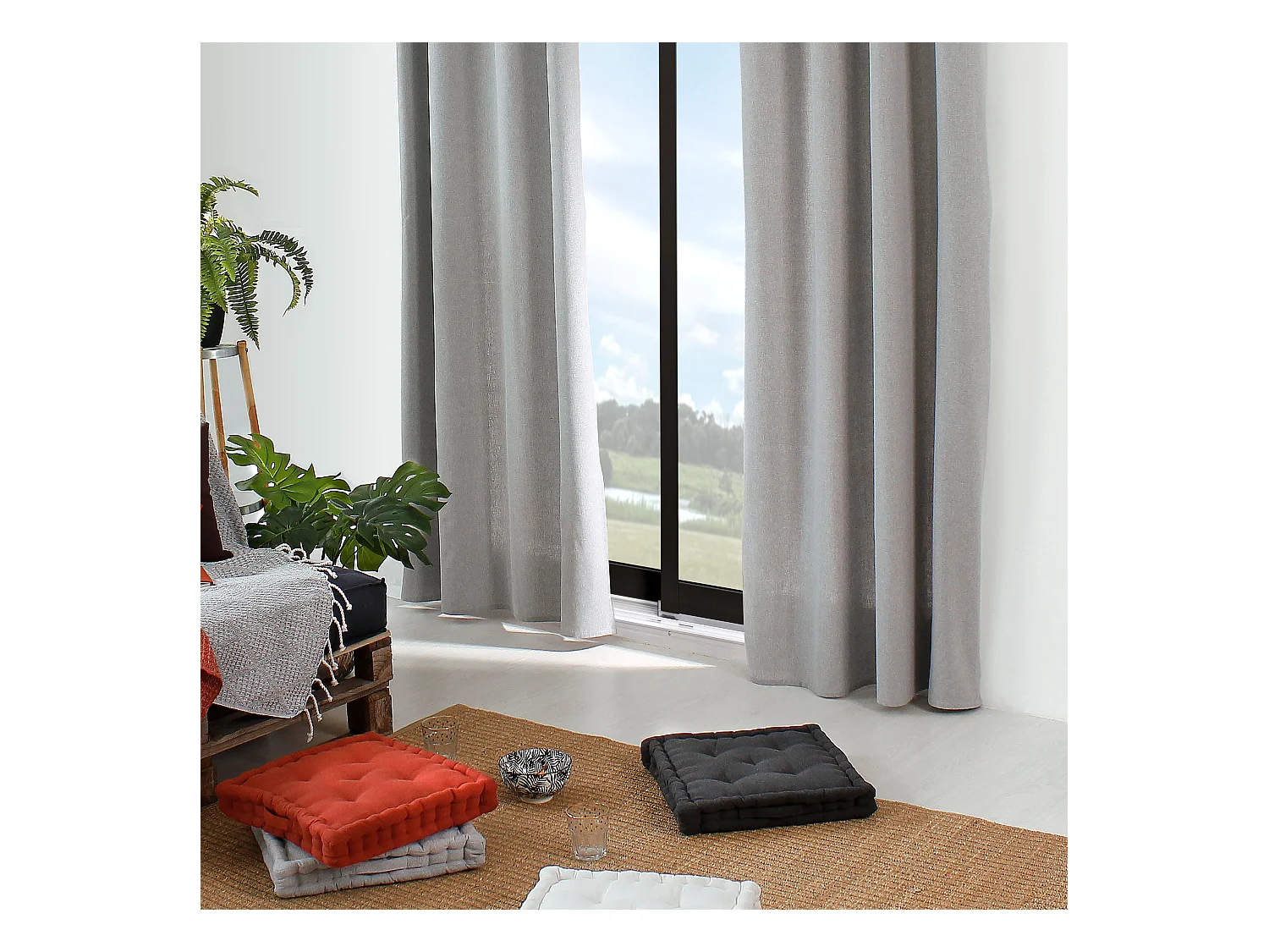 2 Coussins de sol carré avec poignée, 40x40cm, Gris Clair, Collection Dune