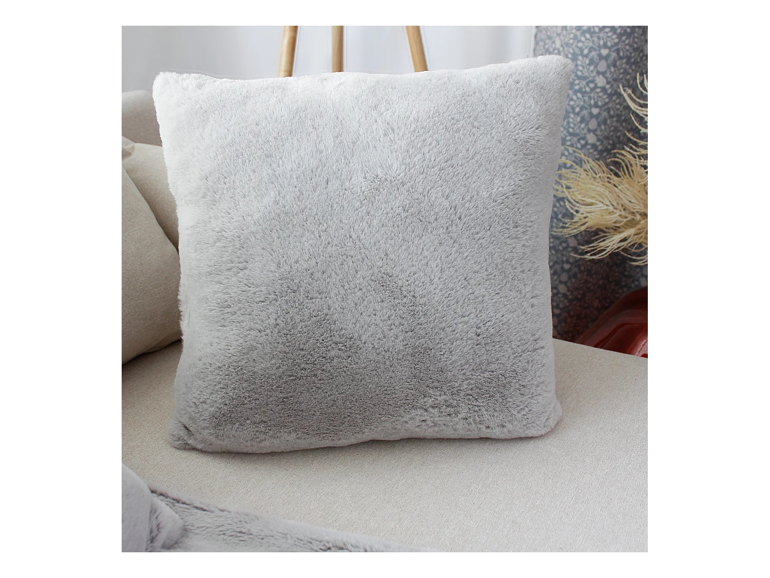 Lot de 2 coussins carré, fausse fourrure recto verso, 40x40cm, gris, Collection Rabbit