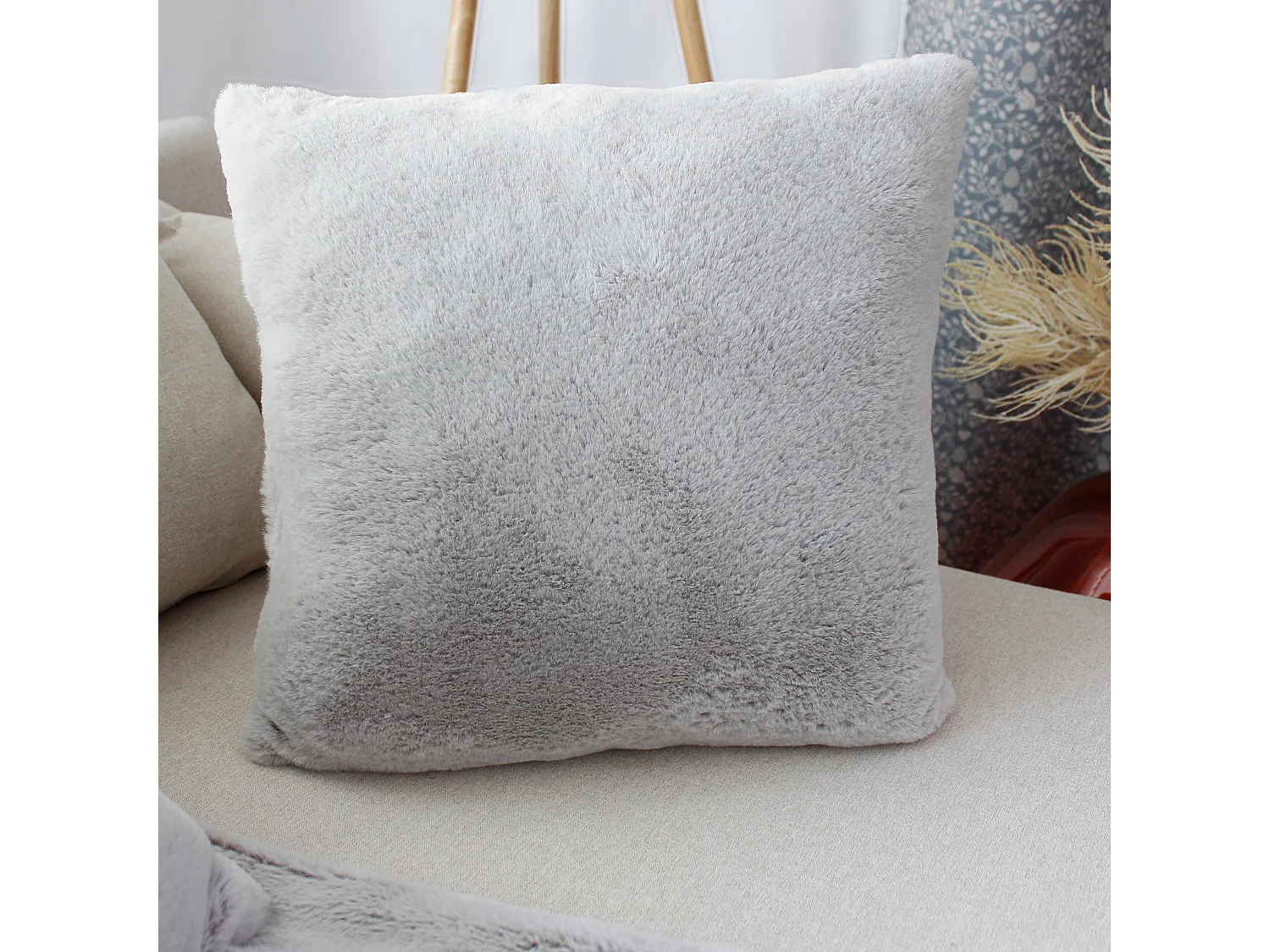 Lot de 2 coussins carré, fausse fourrure recto verso, 40x40cm, gris, Collection Rabbit