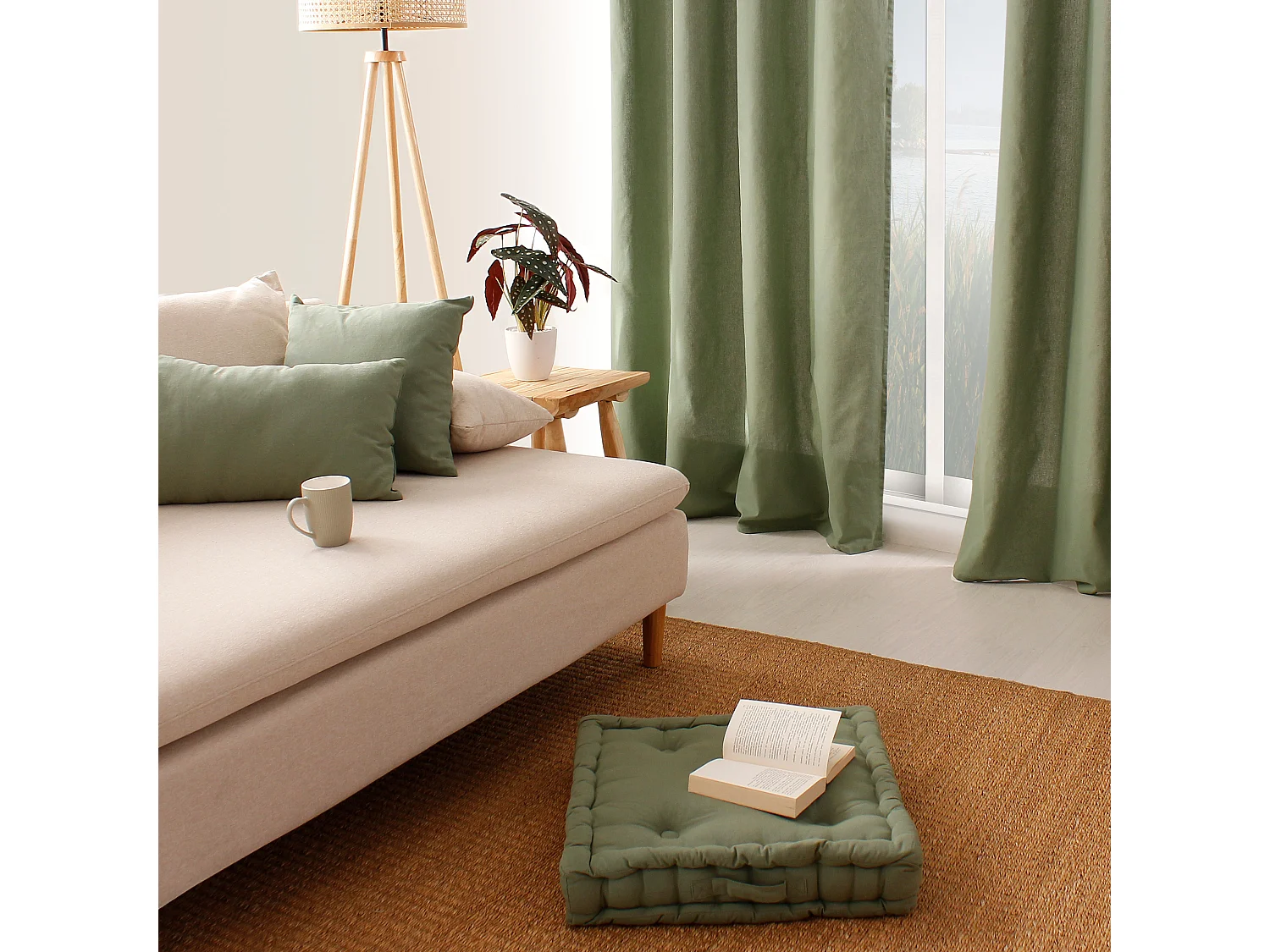 Lot de 2 Coussins déhoussables, carré 60x60cm, 100% coton, Collection Panama, CMADECO - Vert