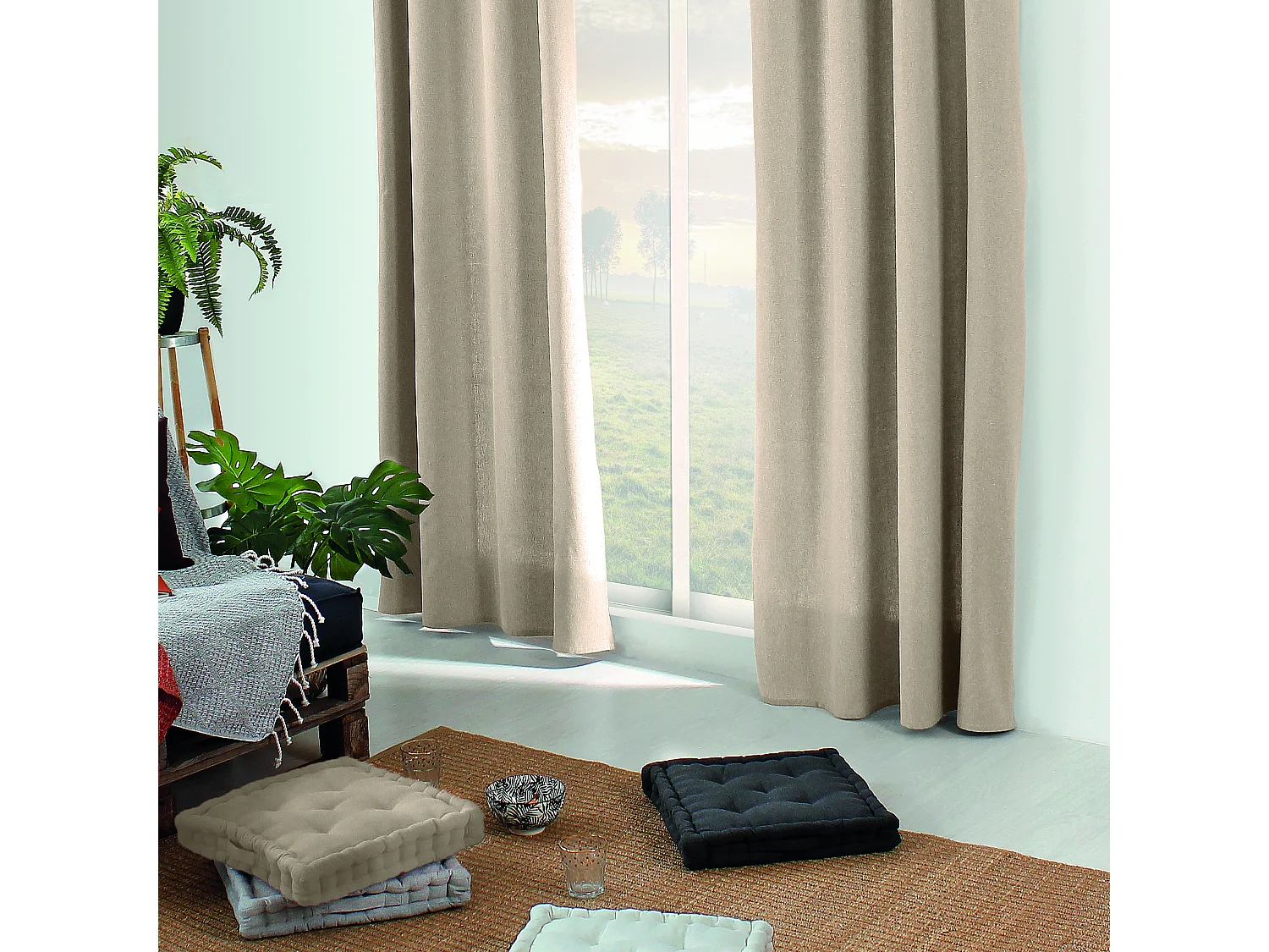 2 Coussins de sol carré avec poignée, 40x40cm, Ecru, Collection Dune