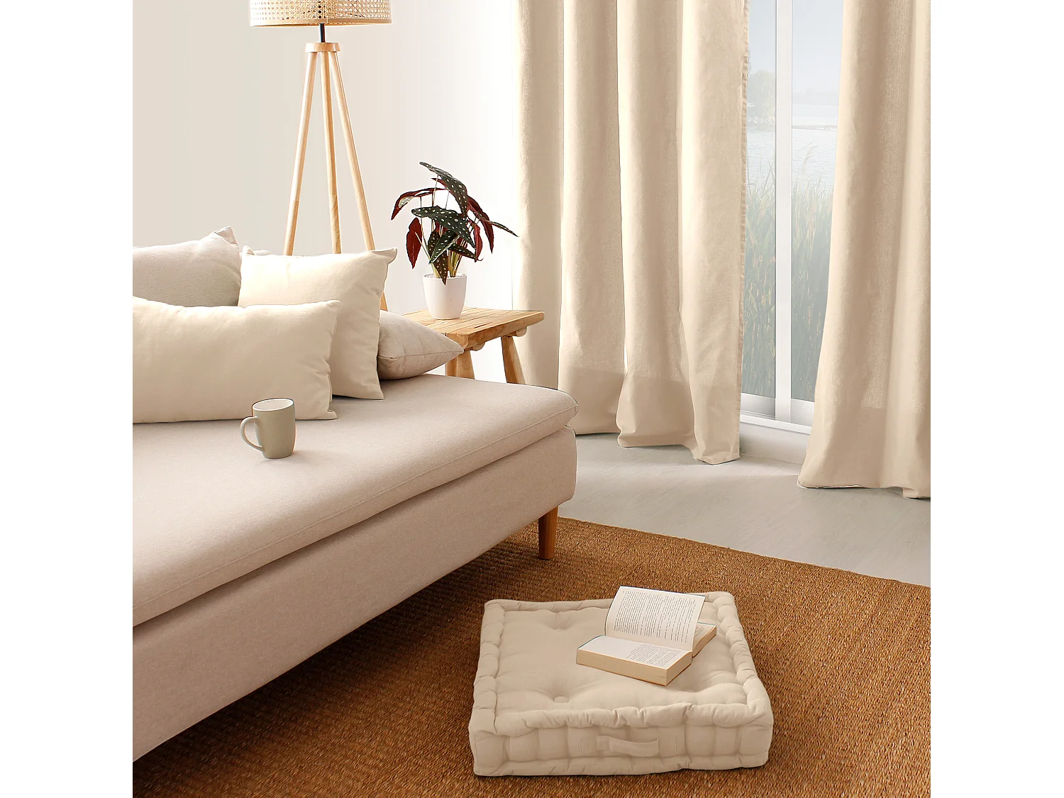 Lot de 2 coussins déhoussables, carré 60x60cm, écru, 100% coton, collection Panama