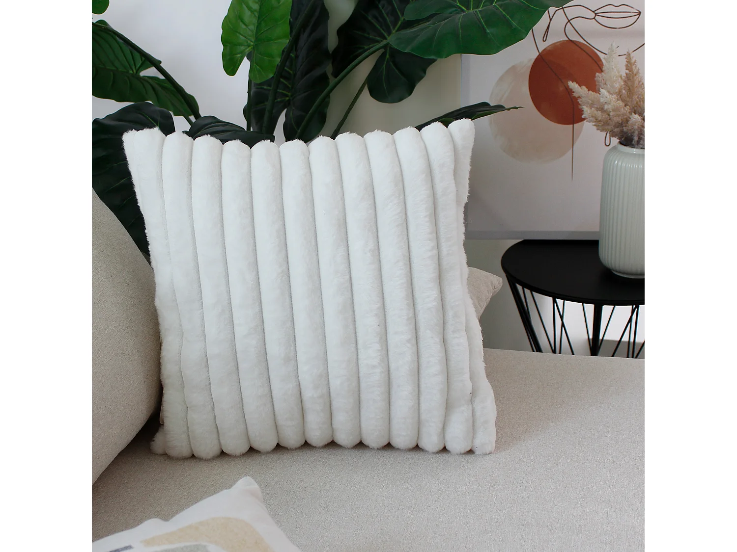 Lot de 2 coussins carré, fausse fourrure côtelée, 40x40cm, blanc, collection Matisse