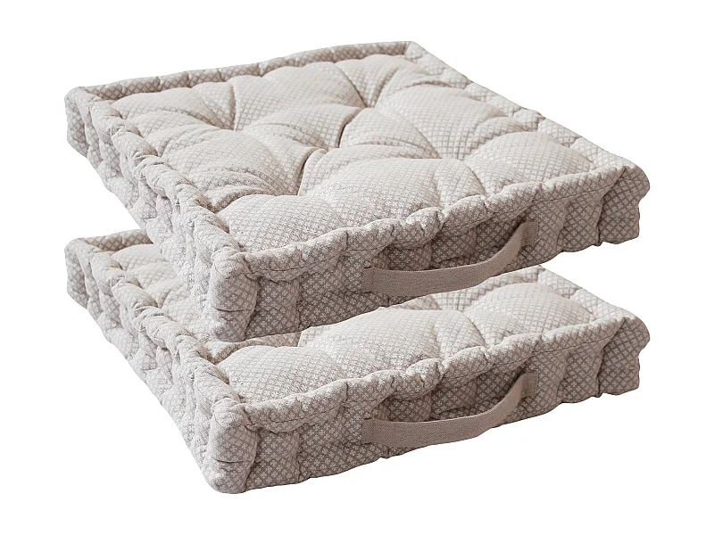 2 Coussins de sol carré avec poignée, 40 x 40 cm, Beige Naturel, Collection Rosa