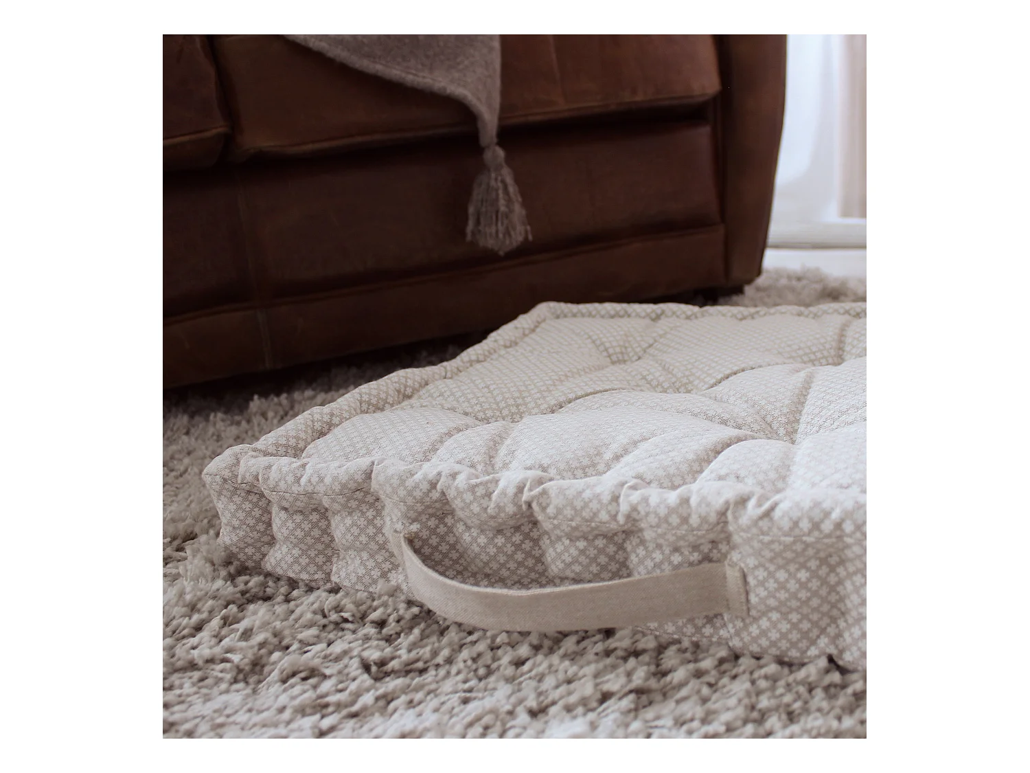 2 Coussins de sol carré avec poignée, 40 x 40 cm, Beige Naturel, Collection Rosa