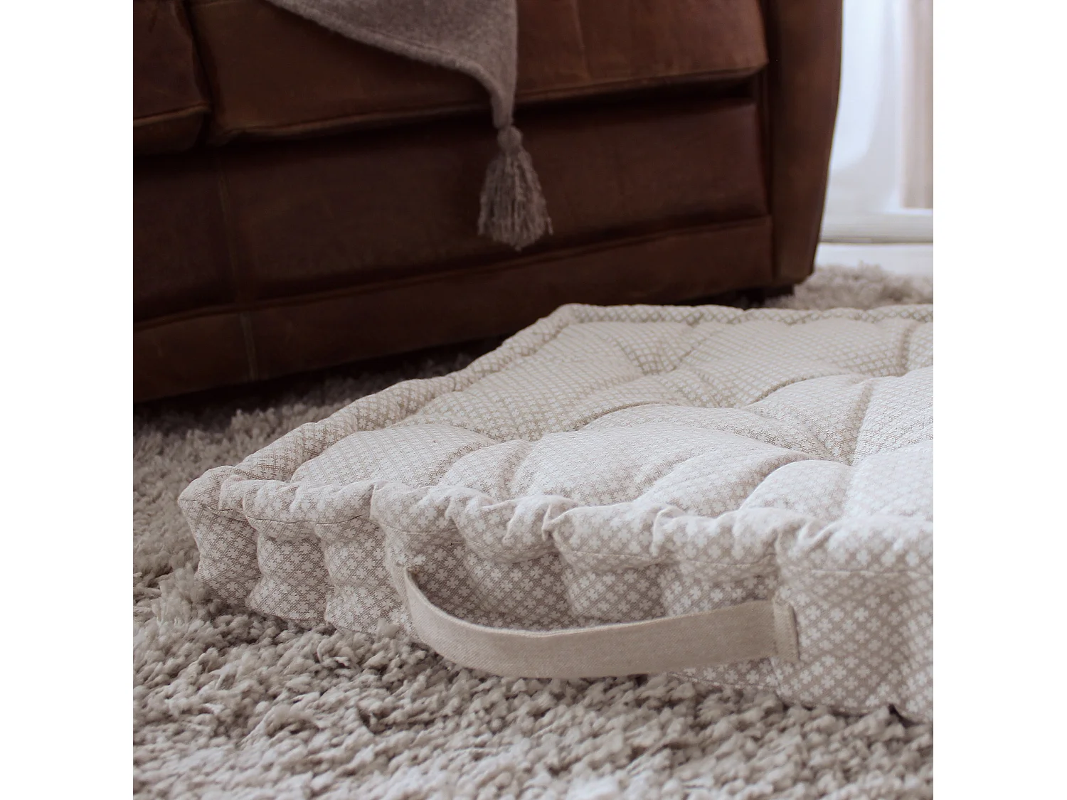 2 Coussins de sol carré avec poignée, 40 x 40 cm, Beige Naturel, Collection Rosa