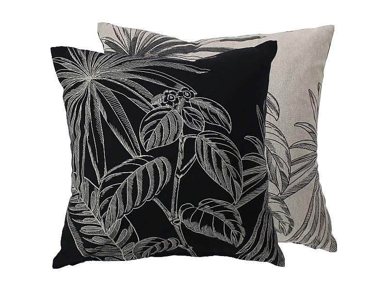 Lot de 2 Coussins déhoussables, carré 40x40cm, Noir Beige, Recto Verso Inversé, Motif Jungle Tropical, Collection Mambo