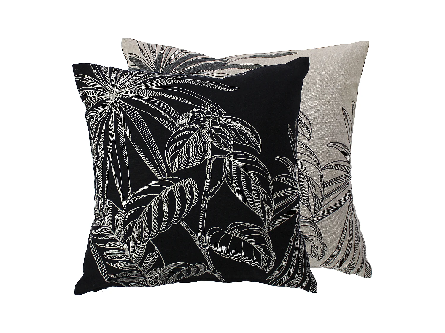 Lot de 2 Coussins déhoussables, carré 40x40cm, Noir Beige, Recto Verso Inversé, Motif Jungle Tropical, Collection Mambo