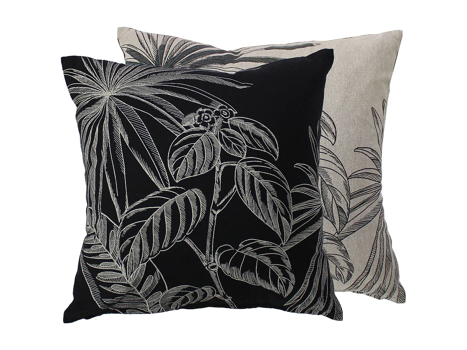 Lot de 2 Coussins déhoussables, carré 40x40cm, Noir Beige, Recto Verso Inversé, Motif Jungle Tropical, Collection Mambo