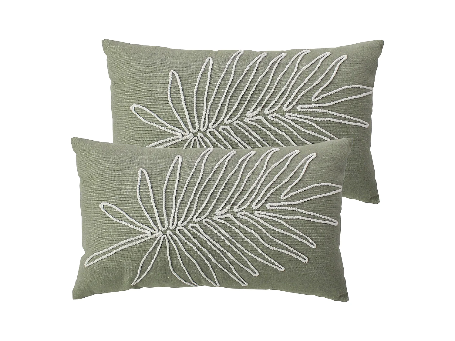 Lot de 2 Coussins déhoussables, rectangulaire 30x50cm, Olive, Broderie feuille Ecru, Collection Mambo