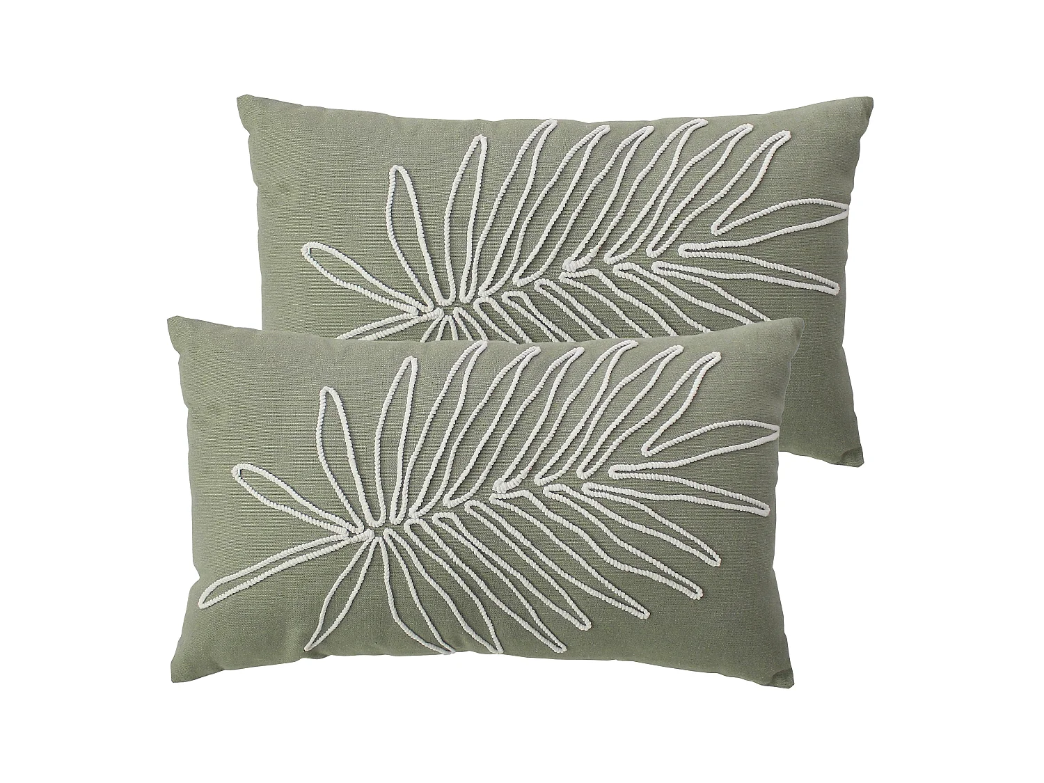 Lot de 2 Coussins déhoussables, rectangulaire 30x50cm, Olive, Broderie feuille Ecru, Collection Mambo, CMADECO - Vert