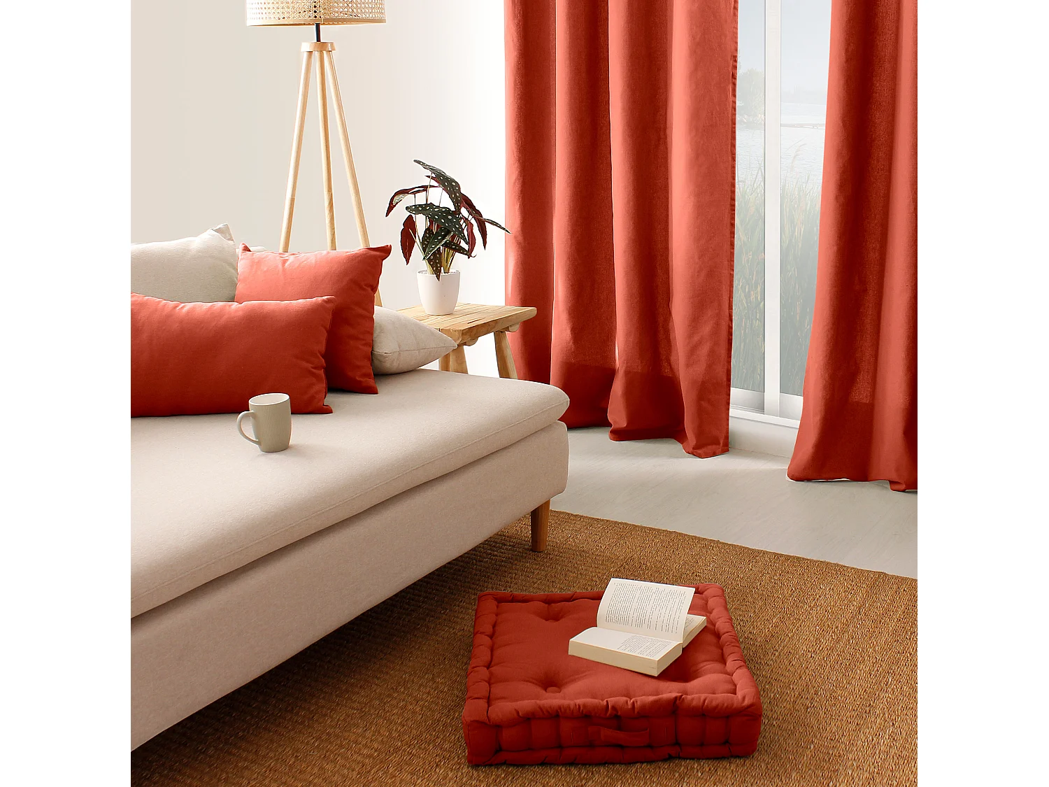 Lot de 2 coussins déhoussables, carré 60x60cm, terracotta, 100% coton, collection Panama