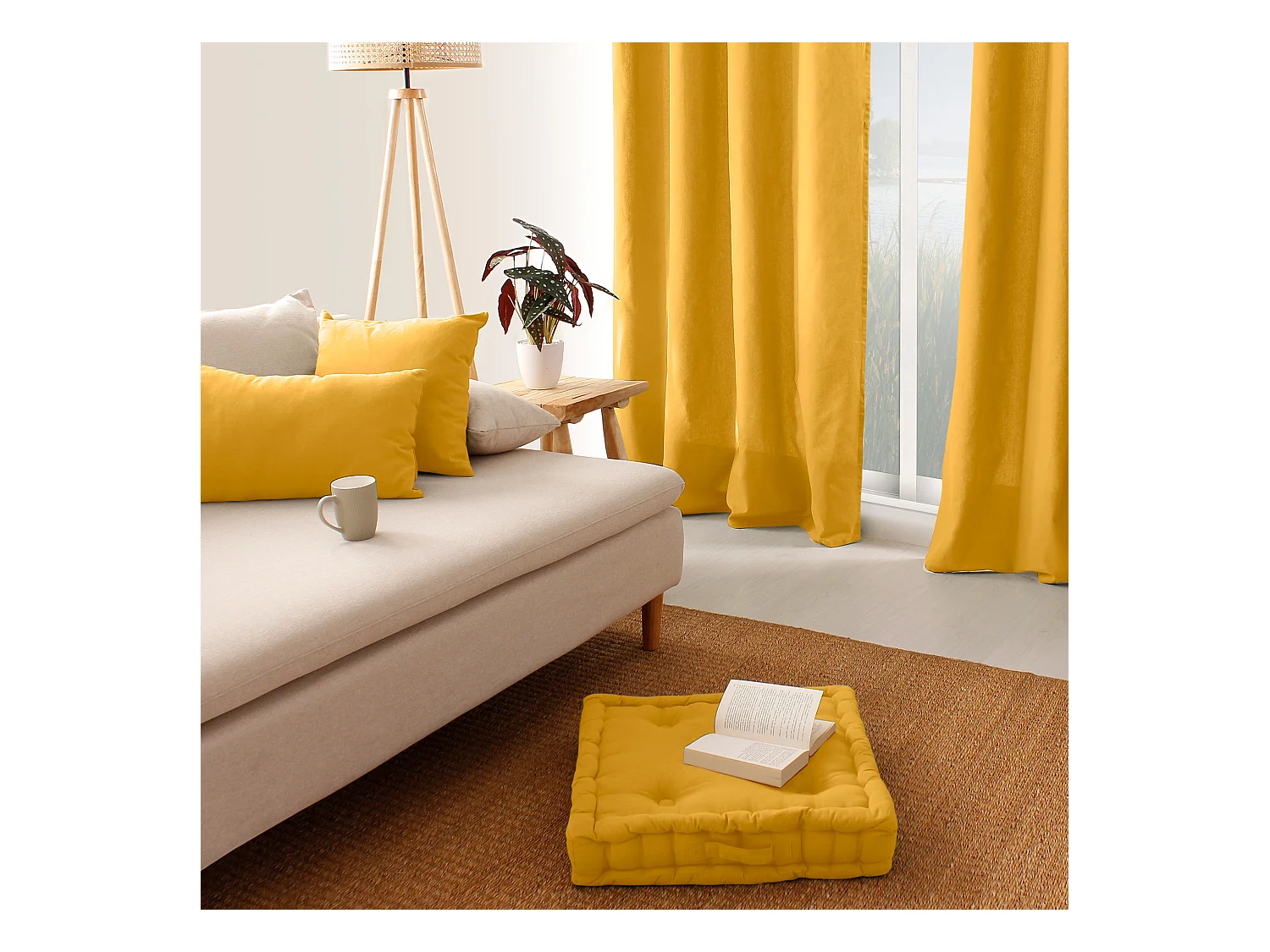 Lot de 2 coussins déhoussables, carré 60x60cm, jaune, 100% coton, collection Panama