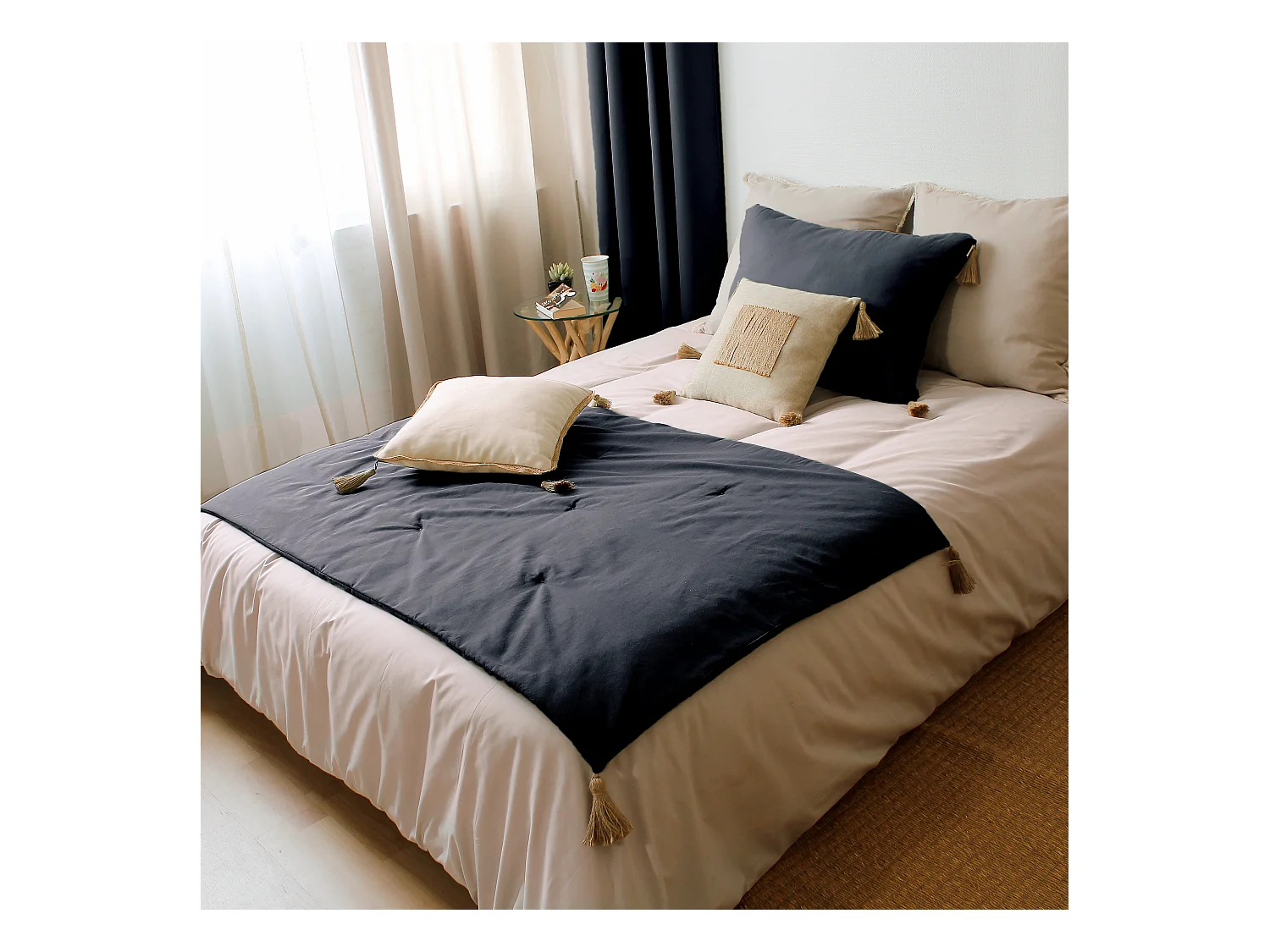 Lot de 2 coussins bohème, rectangulaire 50x70 cm, gris foncé, 100% coton, collection Panama