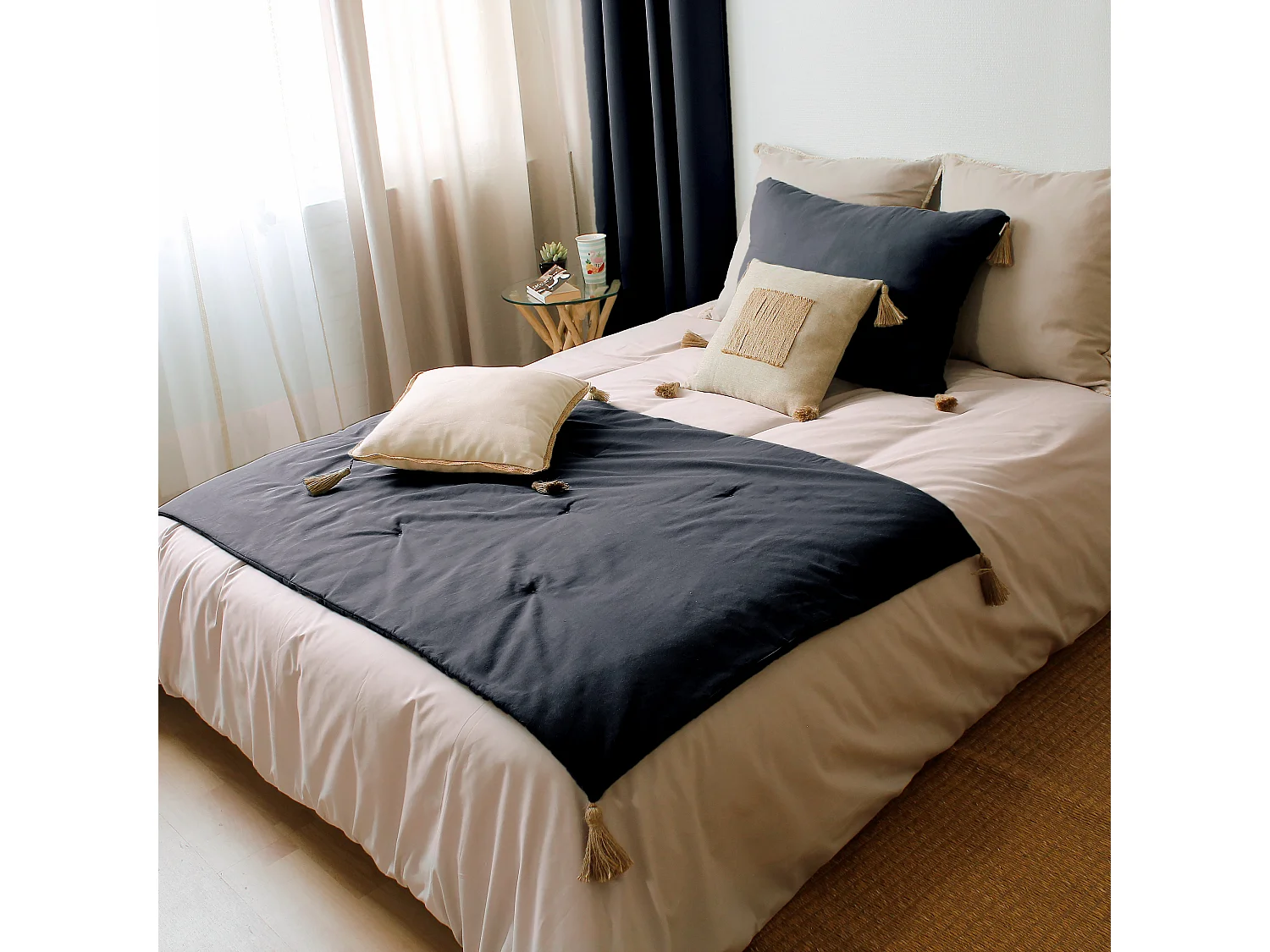 Lot de 2 coussins bohème, rectangulaire 50x70 cm, gris foncé, 100% coton, collection Panama