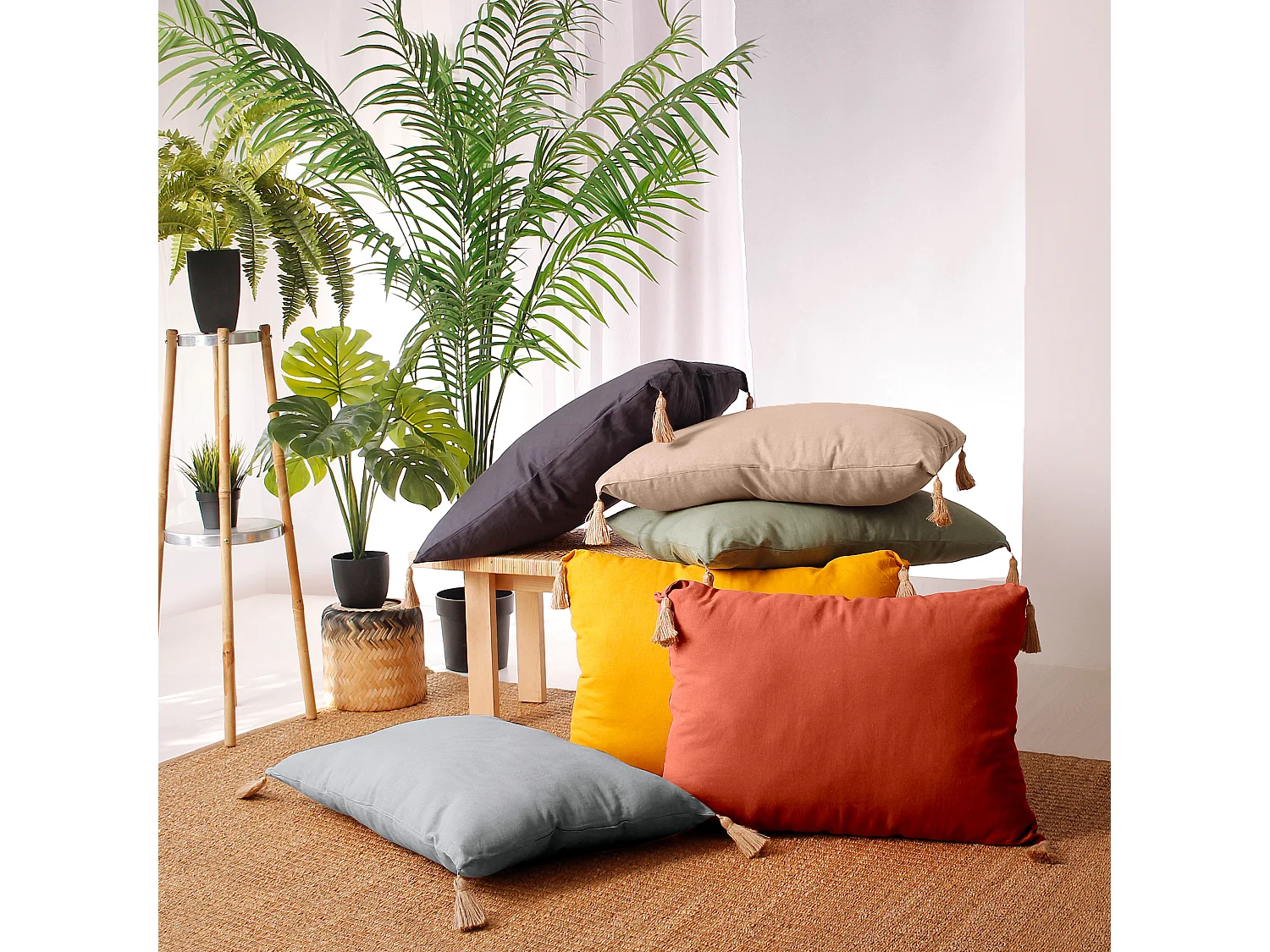 Lot de 2 Coussins bohème, rectangulaire 50x70 cm, 100% coton, Collection Panama, CMADECO - Anthracite
