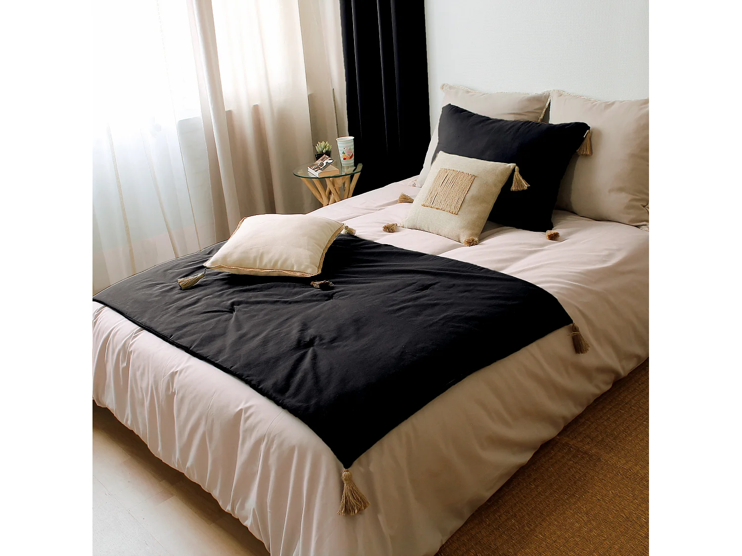 Lot de 2 coussins bohème, rectangulaire 50x70 cm, noir, 100% coton, collection Panama