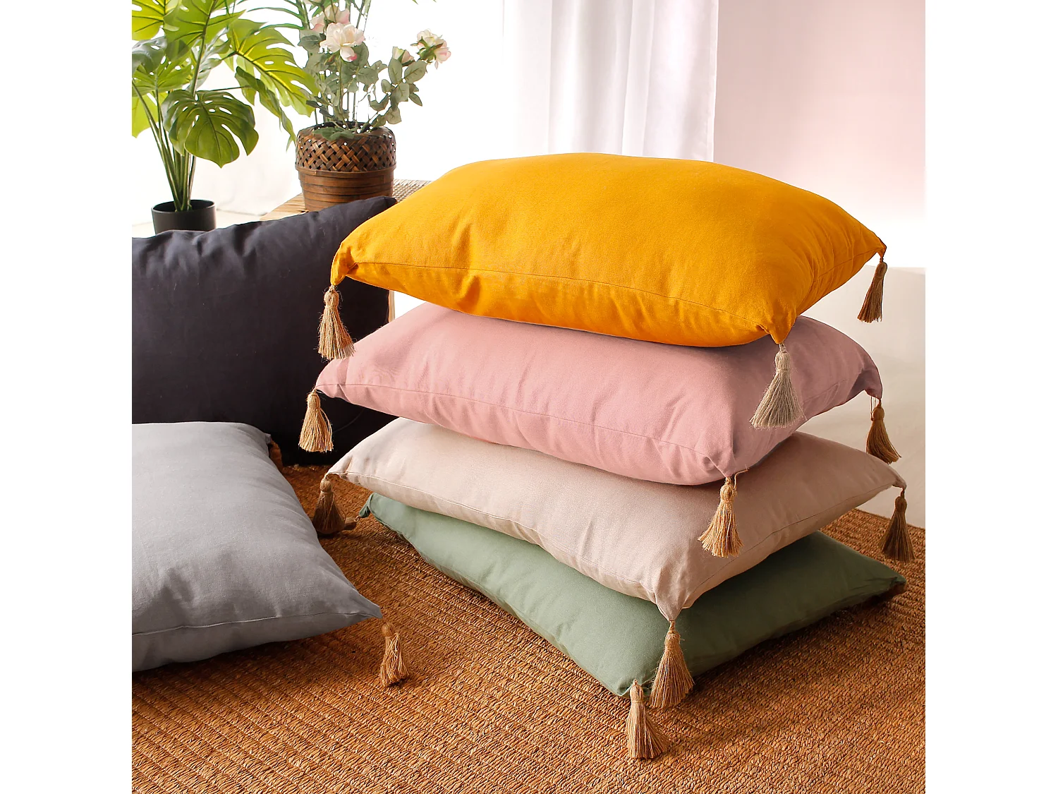 Lot de 2 Coussins bohème, rectangulaire 50x70 cm, 100% coton, Collection Panama, CMADECO - Noir