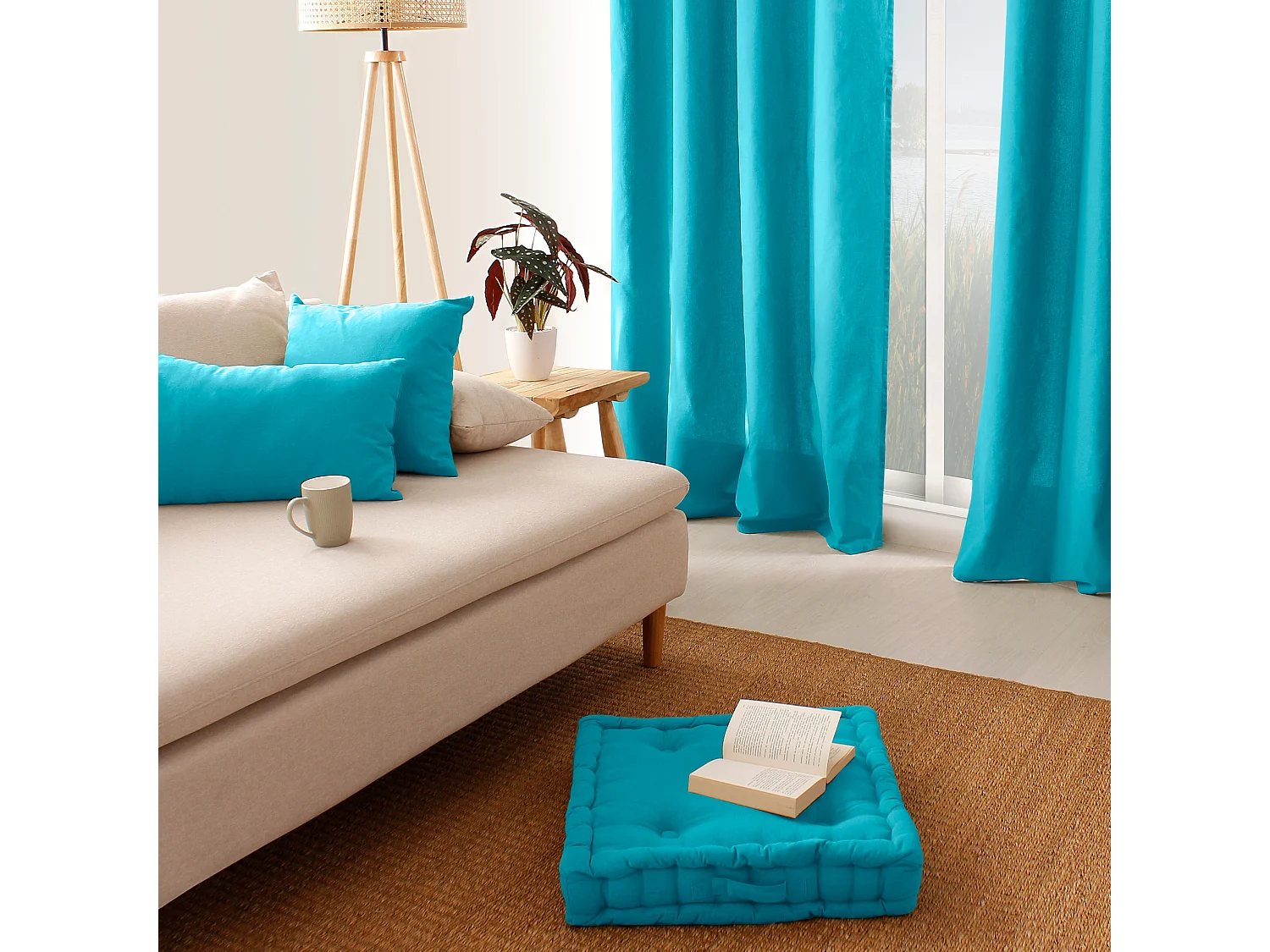 Lot de 2 coussins déhoussables, carré 60x60cm, turquoise, 100% coton, collection Panama