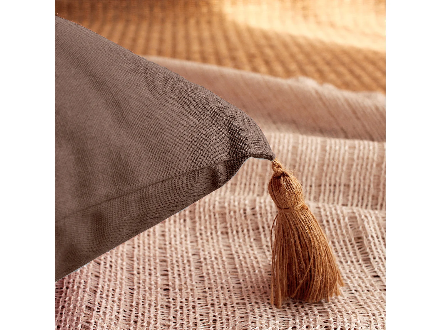 Lot de 2 coussins bohème, rectangulaire 50x70 cm, marron vison, 100% coton, collection Panama
