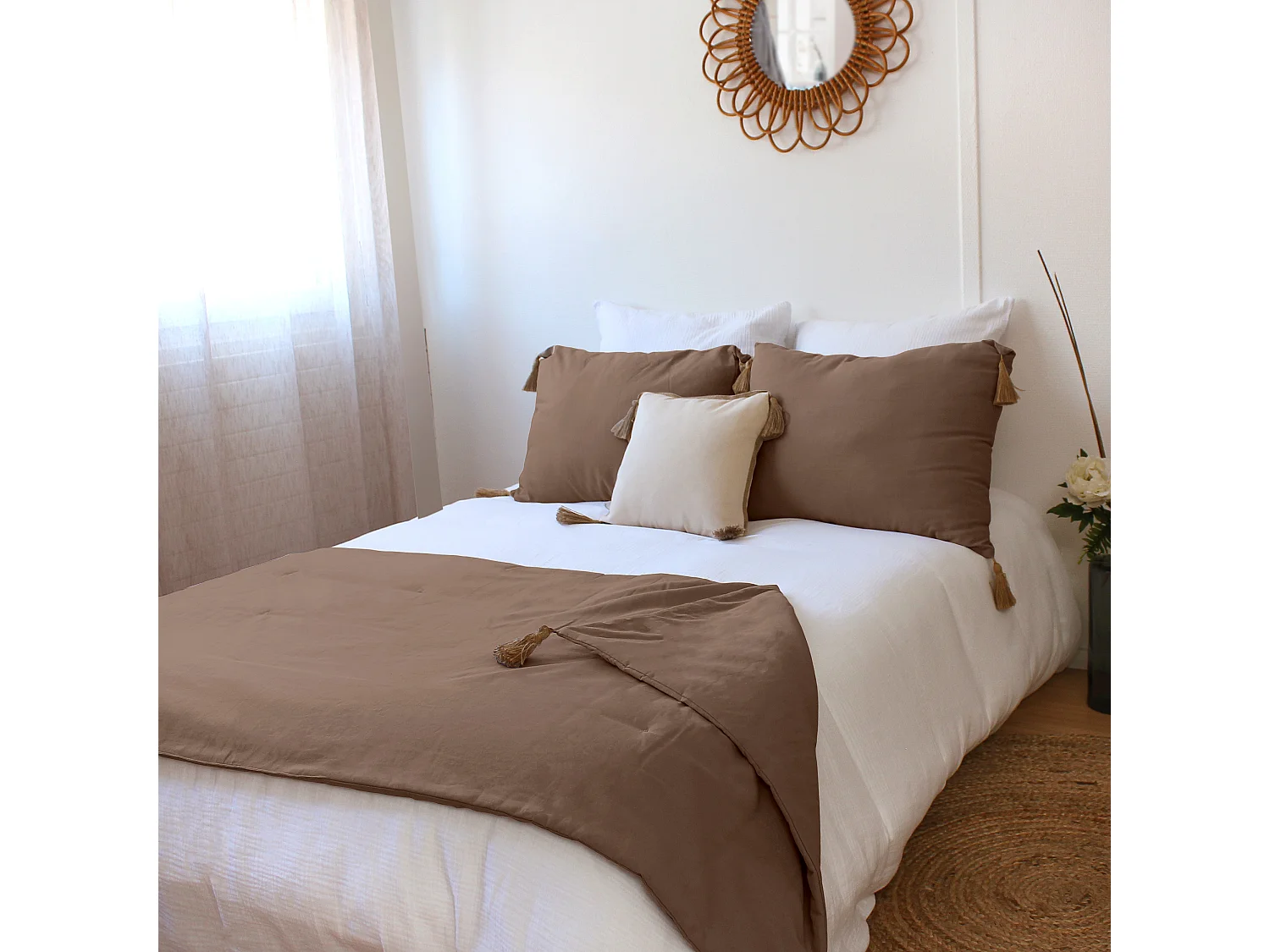 Lot de 2 coussins bohème, rectangulaire 50x70 cm, marron vison, 100% coton, collection Panama