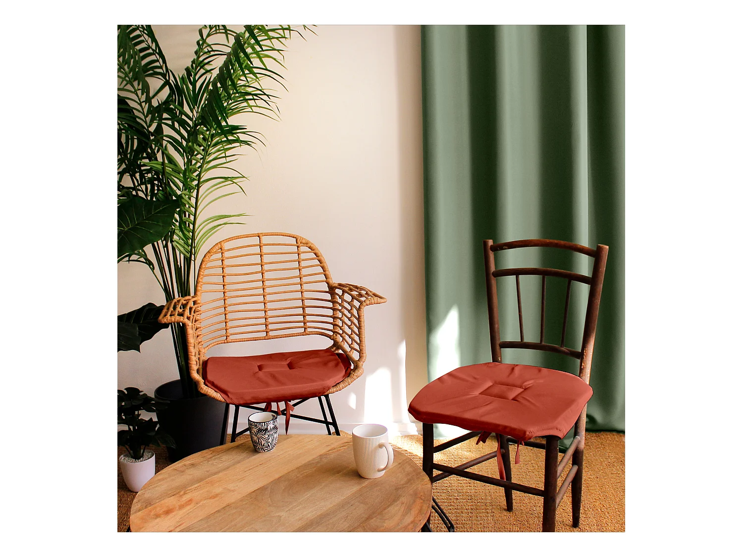 Lot de 4 galettes de chaise à rabat, 40x40 cm, terracotta, avec nouettes, collection Basic