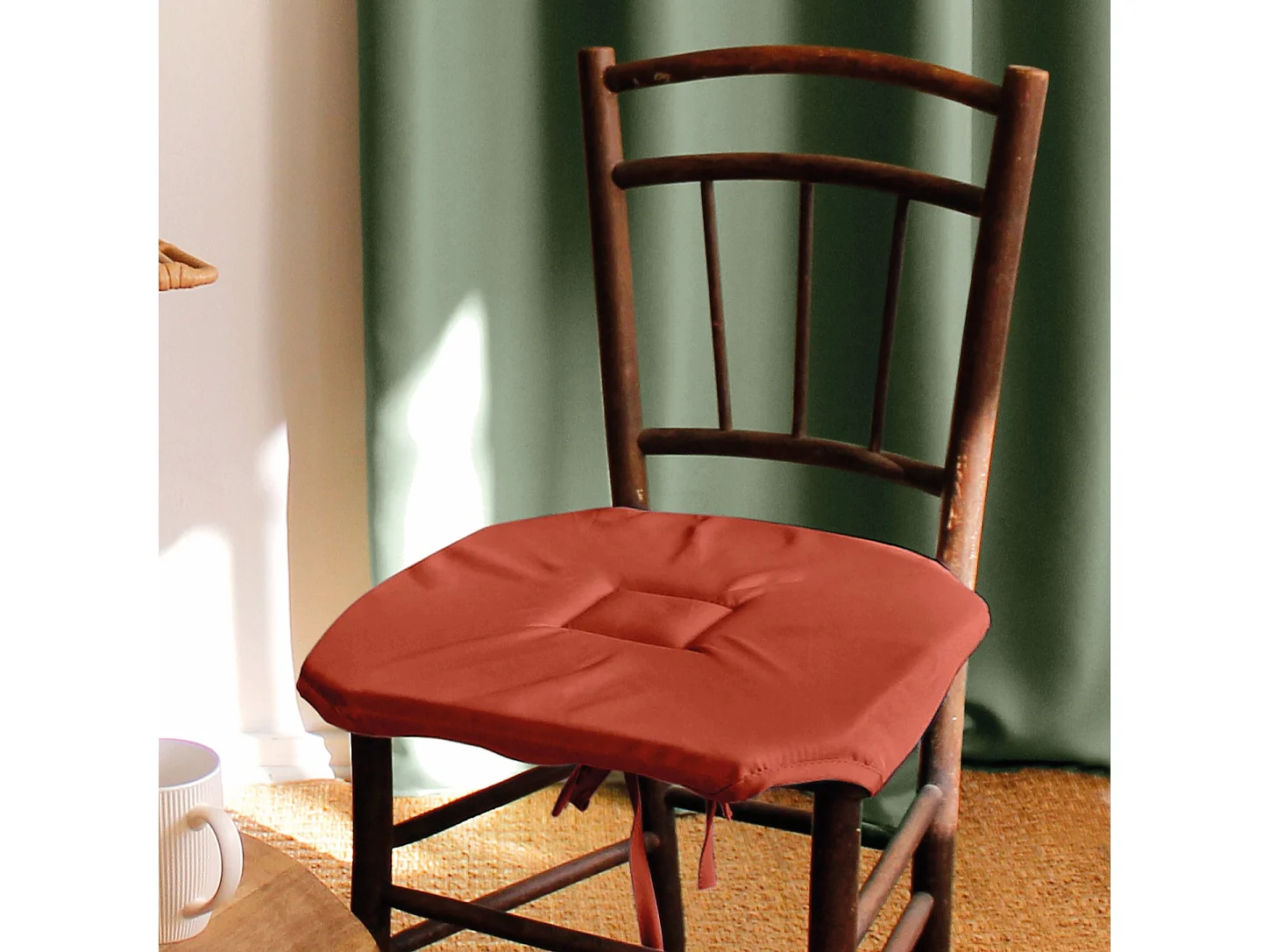 Lot de 4 galettes de chaise à rabat, 40x40 cm, terracotta, avec nouettes, collection Basic