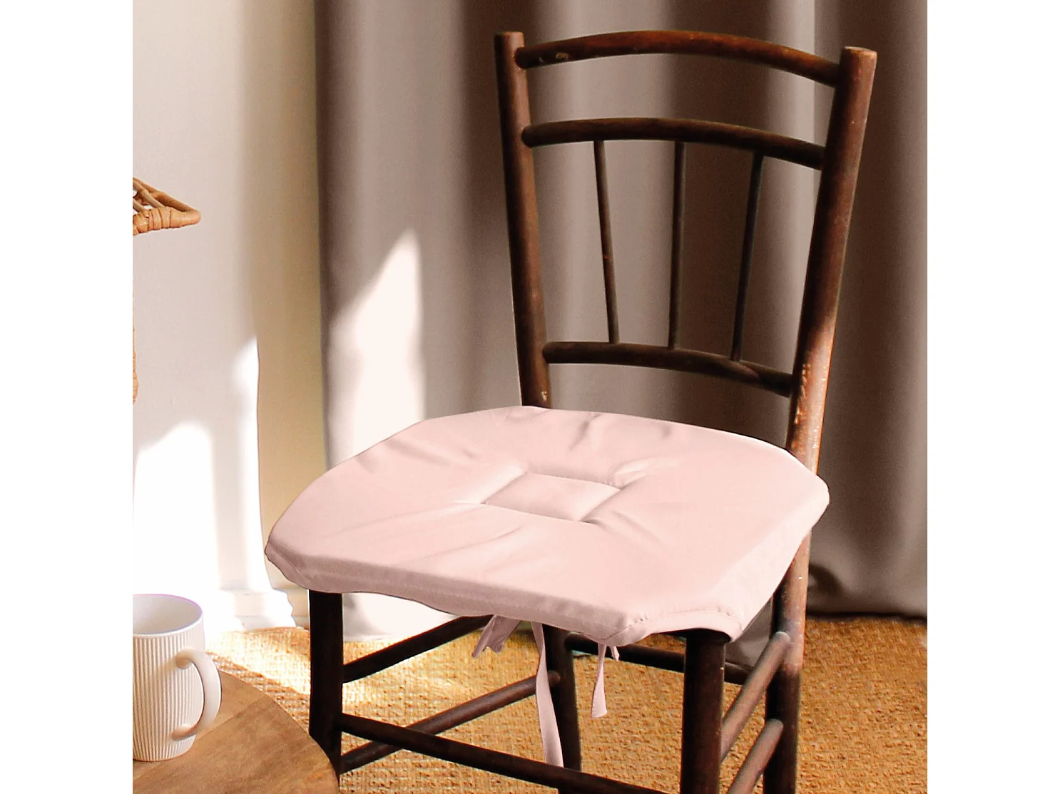 Lot de 4 galettes de chaise à rabat, 40x40 cm, vieux rose, avec nouettes, 100% polyester certifié oeko-tex, collection Basic