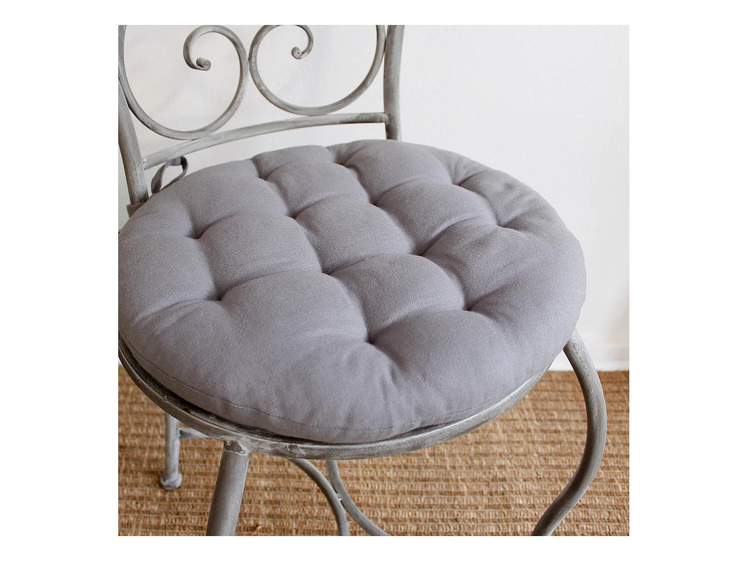 Lot de 4 galettes piquées, ronde 38cm, gris, avec nouettes, 100% coton, collection Panama