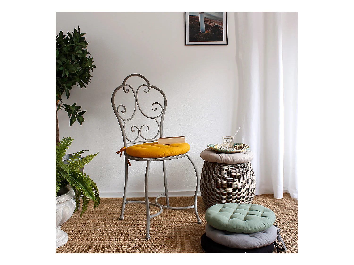 Lot de 4 galettes piquées, ronde 38cm, gris, avec nouettes, 100% coton, collection Panama