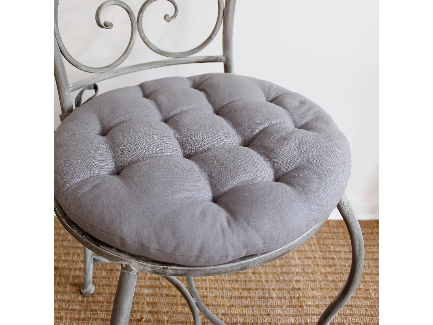 Lot de 4 galettes piquées, ronde 38cm, gris, avec nouettes, 100% coton, collection Panama