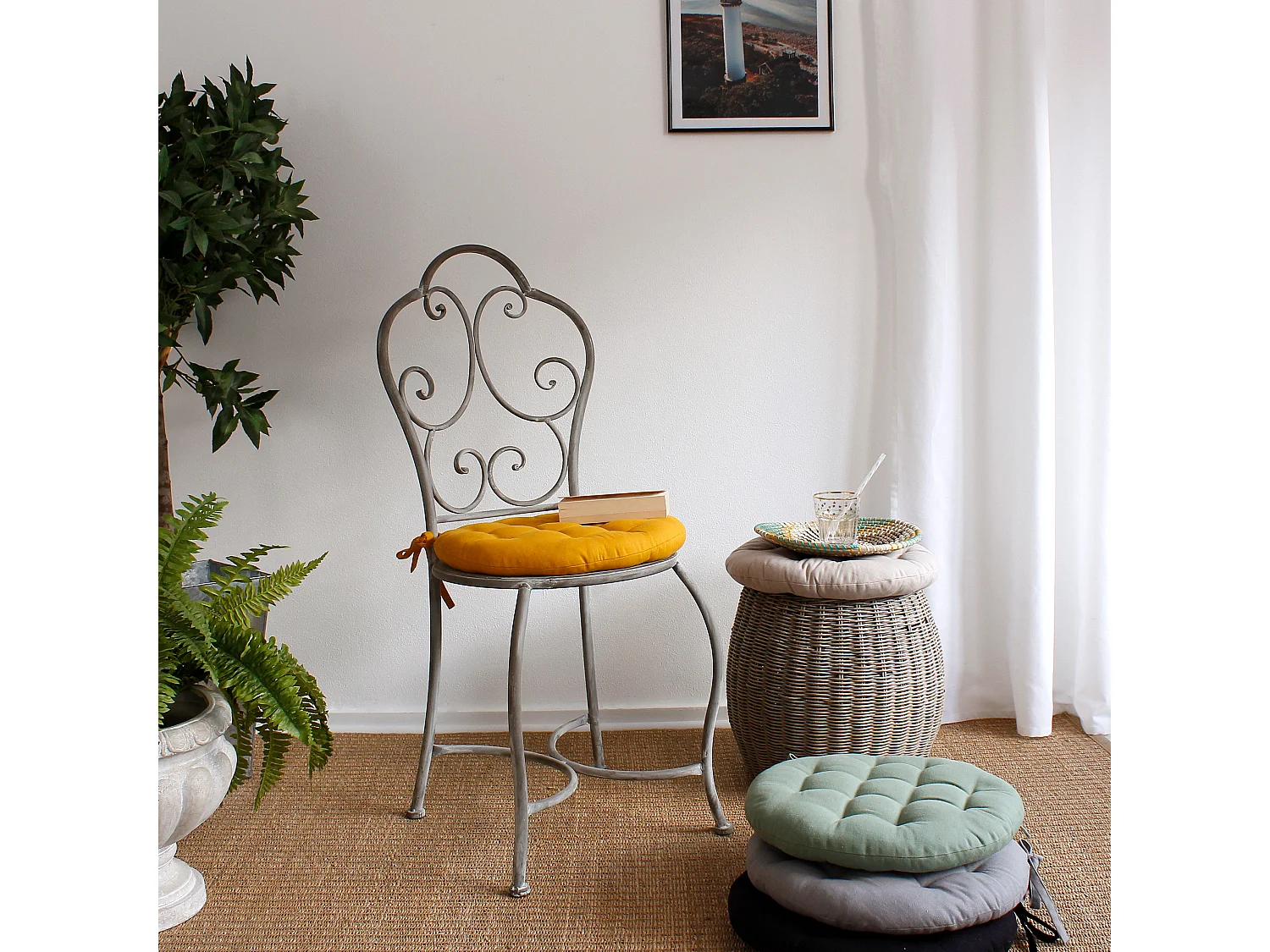 Lot de 4 galettes piquées, ronde 38cm, noir, avec nouettes, 100% coton, collection Panama