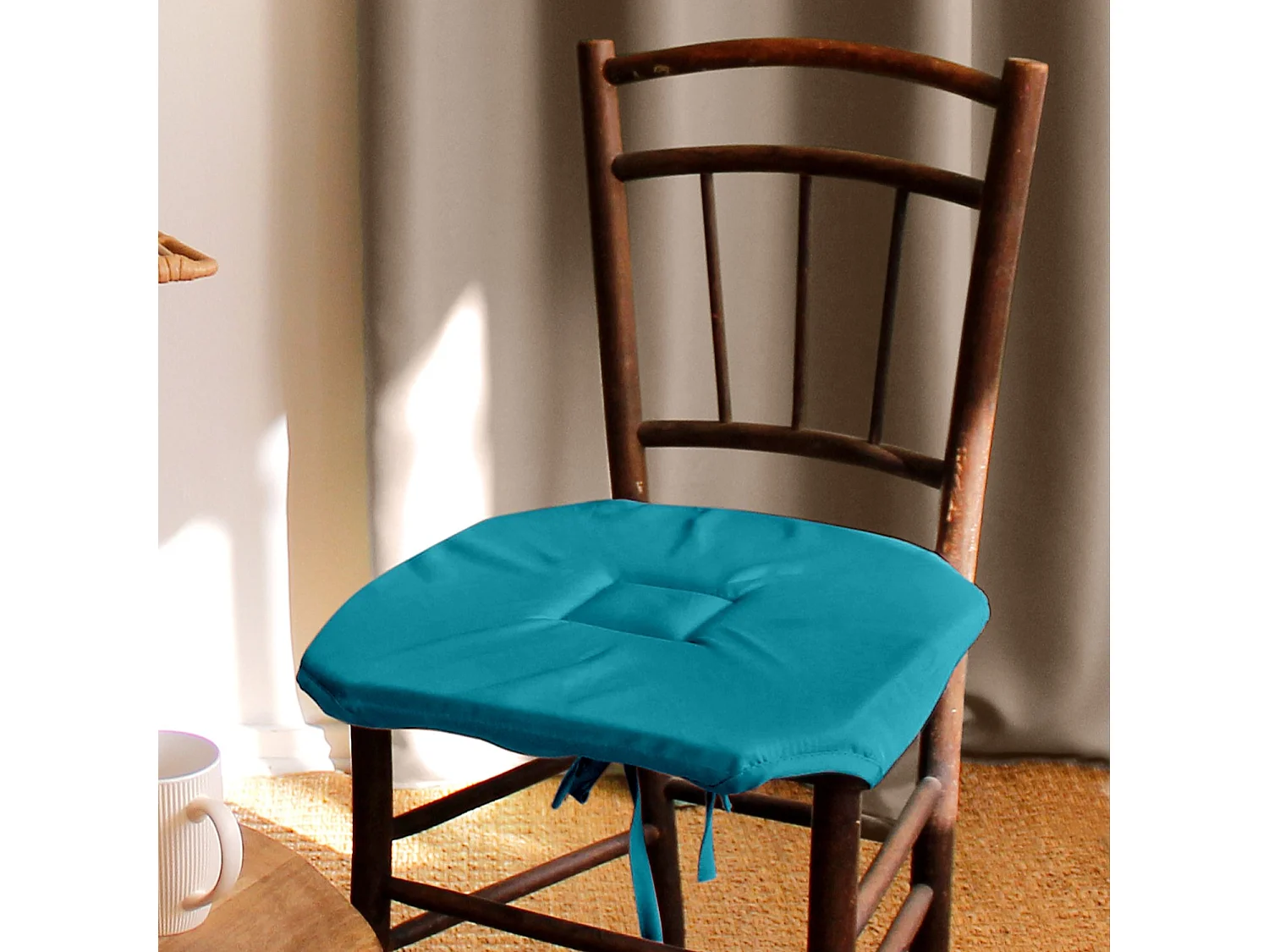 Lot de 4 galettes de chaise à rabat, 40x40 cm, bleu canard, nouettes, 100% polyester certifié oeko-tex, collection Basic