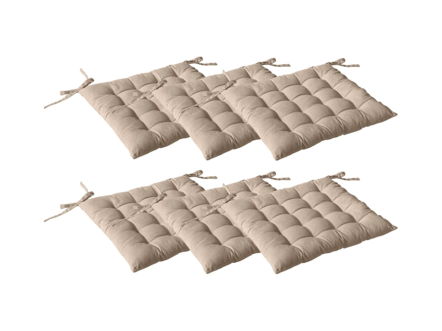 Lot de 6 galettes piquées, carré 38x38cm, beige naturel, avec nouettes, 100% coton, collection Panama