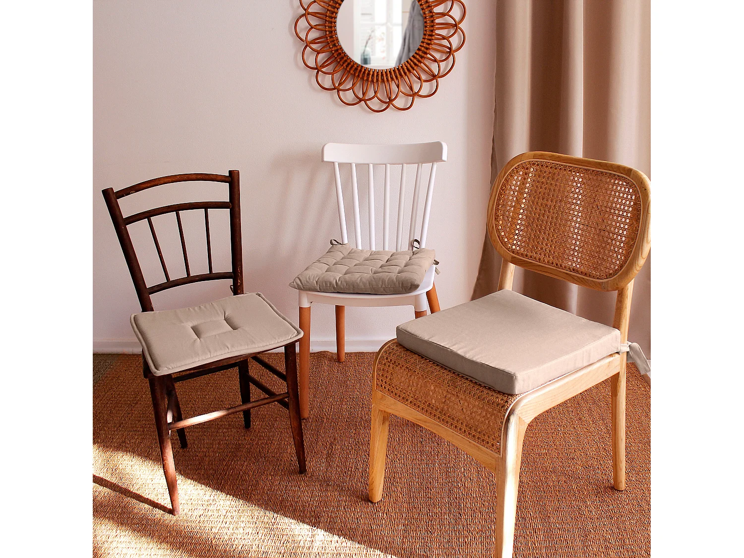 Lot de 6 galettes piquées, carré 38x38cm, beige naturel, avec nouettes, 100% coton, collection Panama