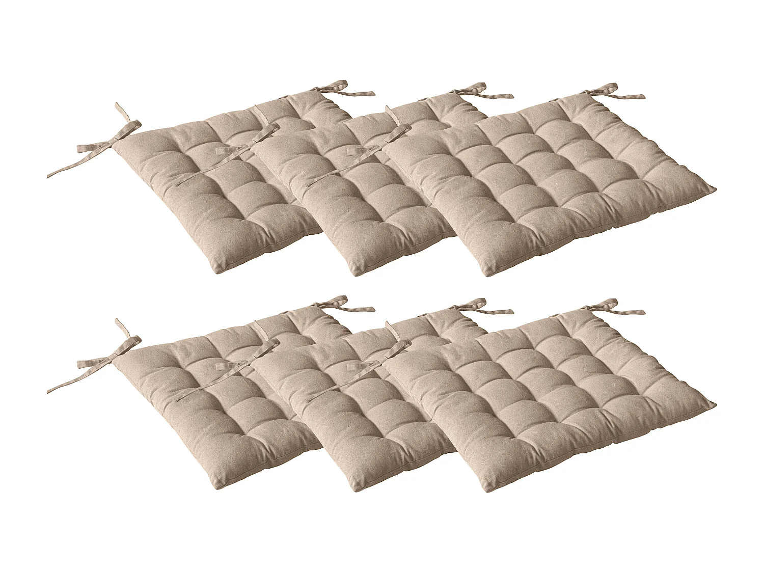 Lot de 6 galettes piquées, carré 38x38cm, beige naturel, avec nouettes, 100% coton, collection Panama