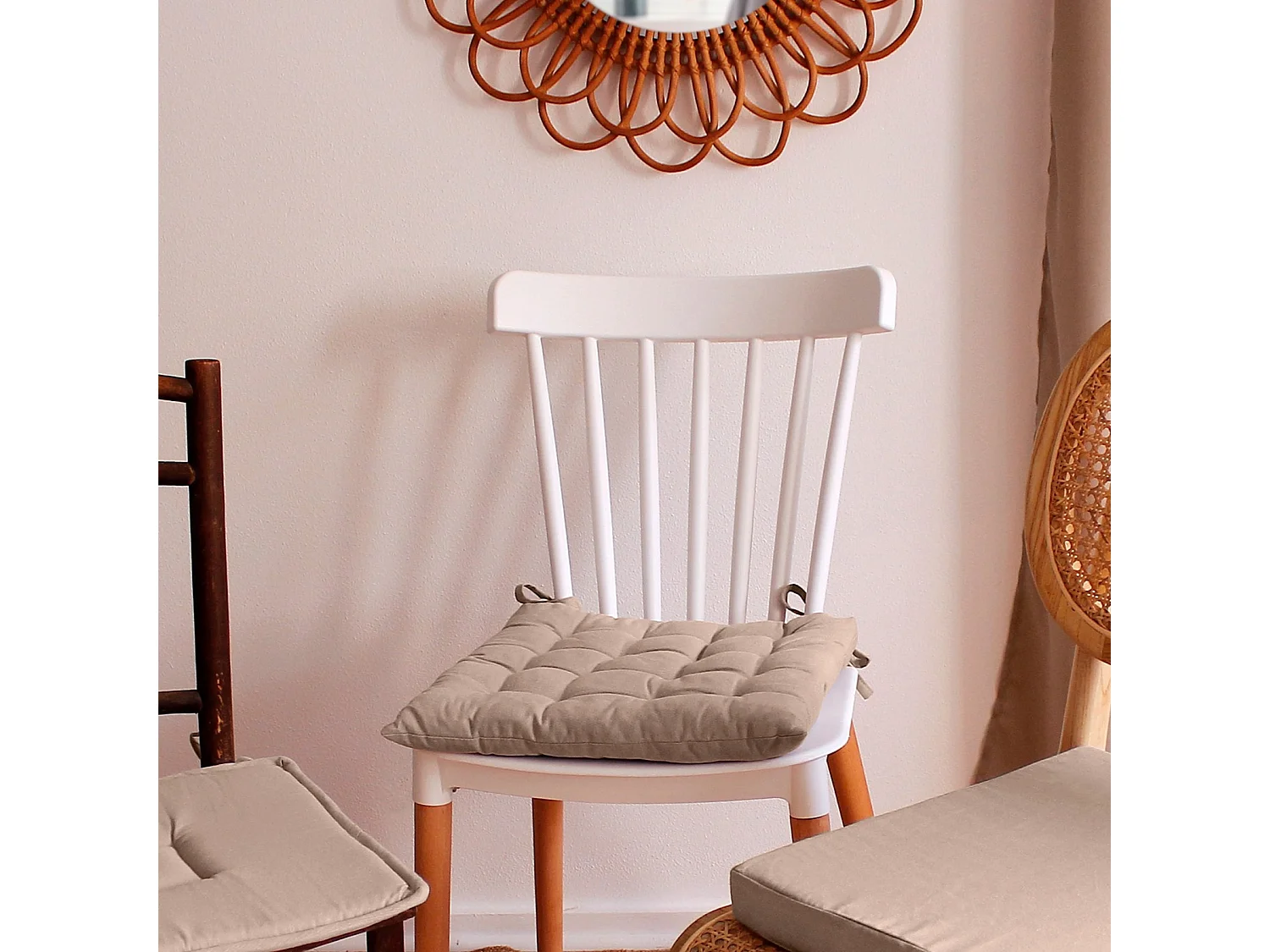 Lot de 6 galettes piquées, carré 38x38cm, beige naturel, avec nouettes, 100% coton, collection Panama