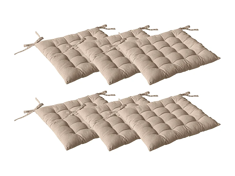 Lot de 6 galettes piquées, carré 38x38cm, beige naturel, avec nouettes, 100% coton, collection Panama