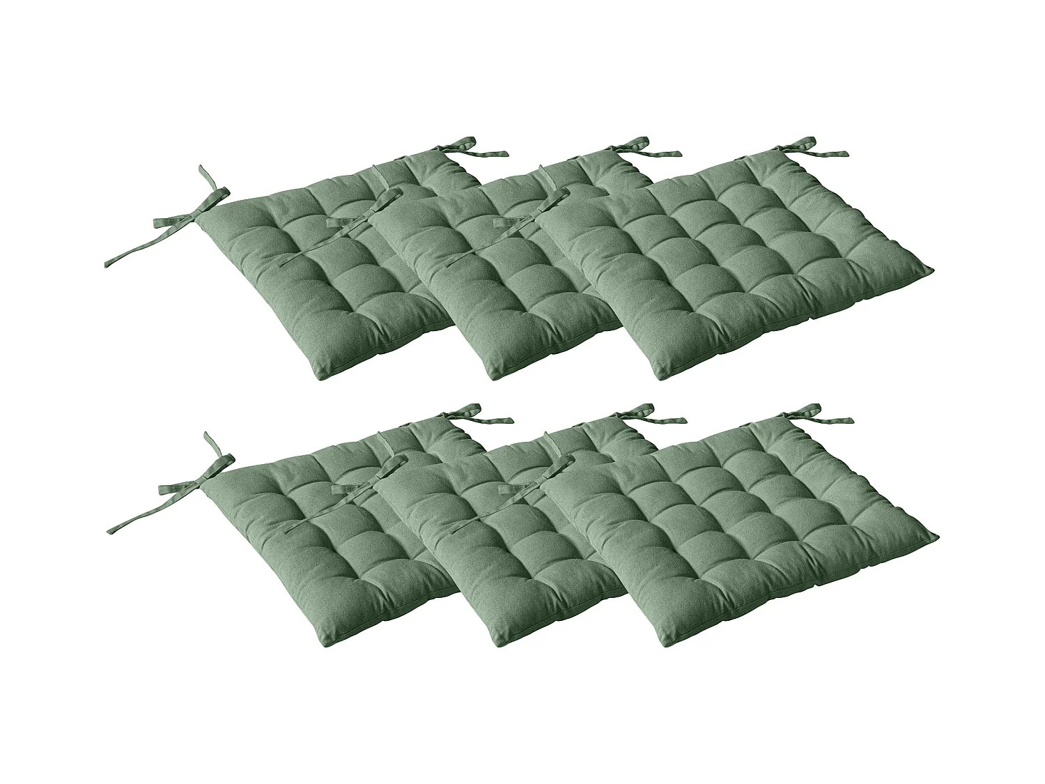 Lot de 6 galettes piquées, carré 38x38cm, vert argile, avec nouettes, 100% coton, collection Panama