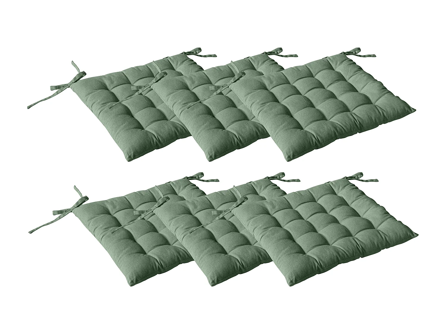 Lot de 6 galettes piquées, carré 38x38cm, vert argile, avec nouettes, 100% coton, collection Panama