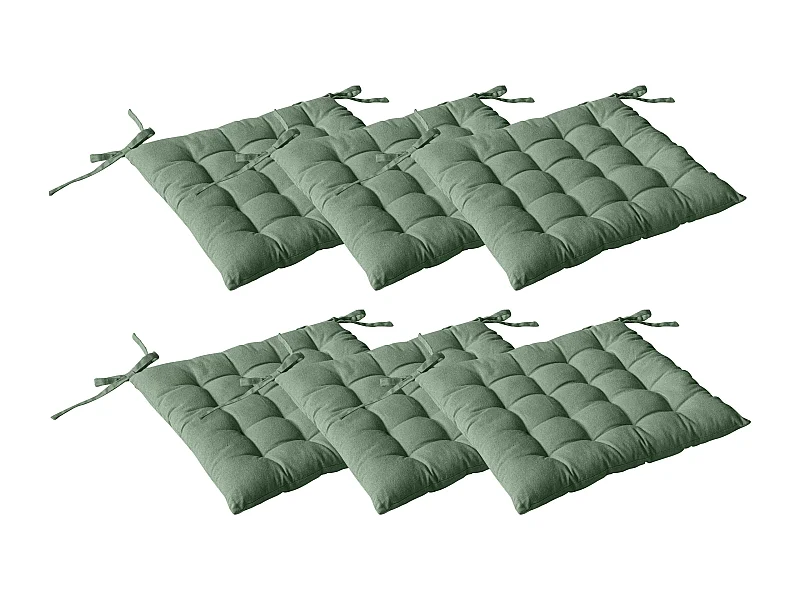 Lot de 6 galettes piquées, carré 38x38cm, vert argile, avec nouettes, 100% coton, collection Panama