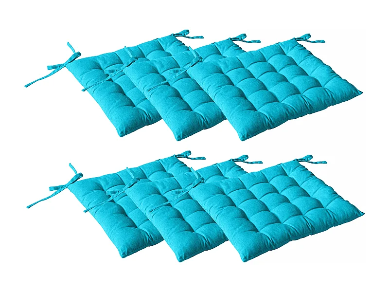 Lot de 6 galettes piquées, carré 38x38cm, turquoise, avec nouettes, 100% coton, collection Panama