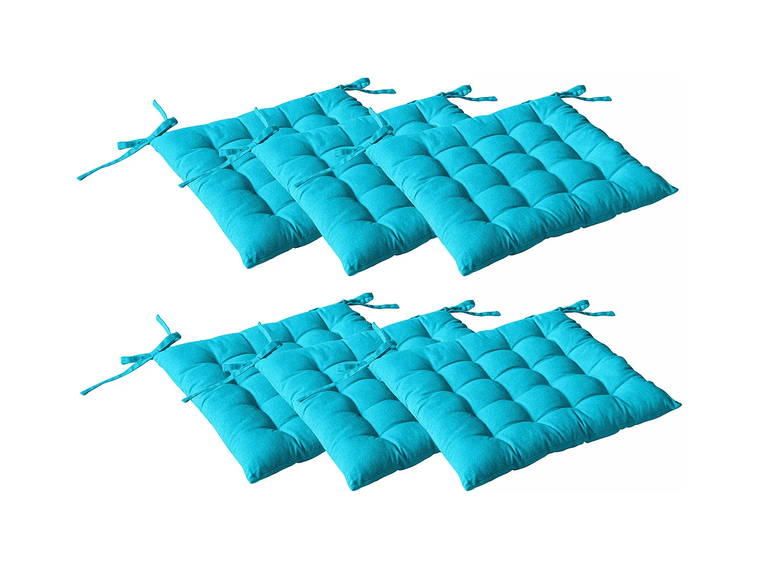 Lot de 6 galettes piquées, carré 38x38cm, turquoise, avec nouettes, 100% coton, collection Panama