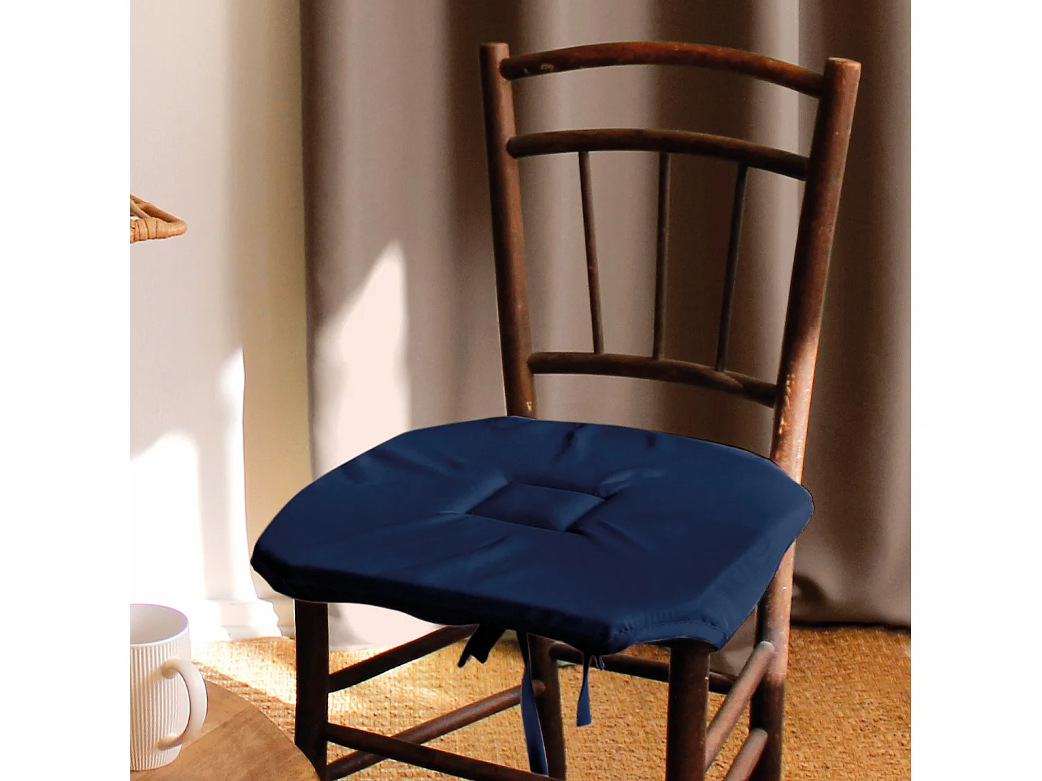 Lot de 4 galettes de chaise à rabat, 40x40 cm, bleu marine, nouettes, 100% polyester certifié oeko-tex, Collection Basic