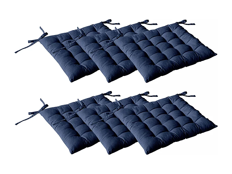 Lot de 6 galettes piquées, carré 38x38cm, bleu marine, avec nouettes, 100% coton, collection Panama